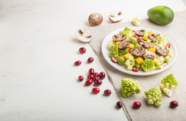 Vegetarian salad from romanesco cabbage, champignons, cranberry, avocado and pumpkin on a white wooden background. side view, copy space.