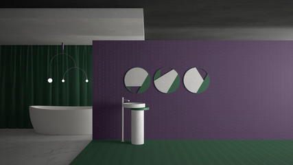 Minimal modern bathroom in empty open space, purple and green architecture concept template with copy space. Sink with mirrors, tiles, bathtub, pendant lamp and curtain, marble floor