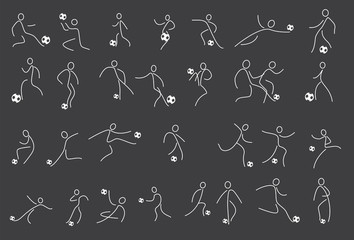 Soccer Players Kicking Ball and goalkeepers. Set Collection of different football poses. Linear Vector illustration