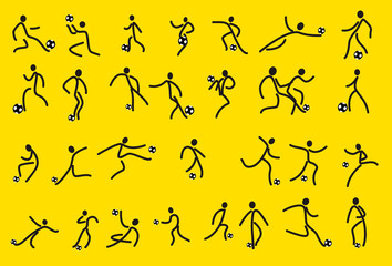 Soccer Players Kicking Ball and goalkeepers. Set Collection of different football poses. Linear Vector illustration