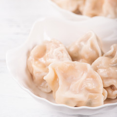 Fresh, delicious boiled pork gyoza dumplings, jiaozi on white background with soy sauce and chopsticks, close up, lifestyle. Homemade design concept.