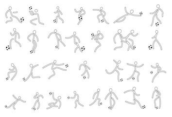 Fototapeta na wymiar Soccer Players Kicking Ball and goalkeepers. Set Collection of different football poses. Linear Vector illustration