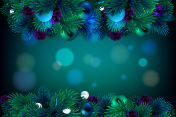 Christmas tree branches frame with cones on a green background art