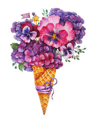 Hydrangea and violet ice cream Watercolor illustration.