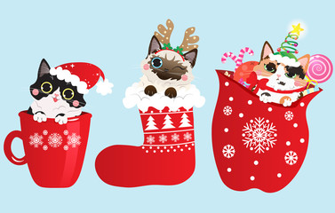 Christmas and New Year cute cats vector set. Isolated on light background