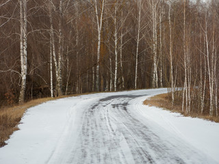 first snow. winter forest snowy white road