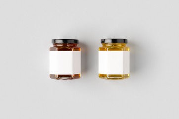 Hexagonal honey jars mockup with blank label. Two different colors.