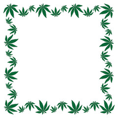 Square frame cannabis leaf from outlines drawn in one line and green substrates on a white background. Template for text. Vector.