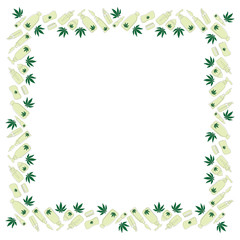 Fototapeta premium Square frame of hemp and cosmetics based on it drawn in a single line with colored substrates on a white background. Template for text, advertising etc. Vector.