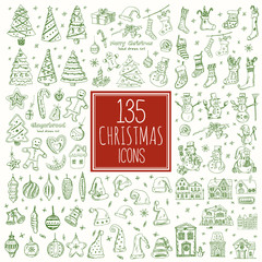 Naklejka premium Merry Christmas and Happy new year hand drawn doodle set. Vector illustration. Isolated elements on white background. Symbol collection.