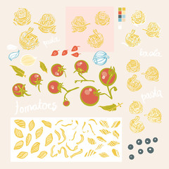 Yummy pasta food cooking vector ilustration set. Icon set. Tomato and homemade noodle design set on pastel backgroud. Fabric, wallpaper, packaging, print. Hipster vintage kitchen design.