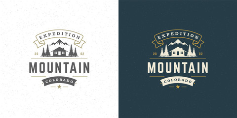 Forest camping logo emblem vector summer camping illustration mountains with cabin and pine trees silhouettes