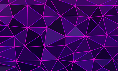 Low poly violet background with purple neon lights. Abstract  polygonal shapes wallpaper. Vector triangles mosaic.