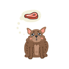 Fun and cute hand drawn fat puppy pug dreaming about meat. Vector isolated illustration.