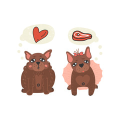 Fun and cute hand drawn fat puppy boy dreaming about love and his girlfriend frenchie in tutu skirt dream about meat. Different desires in relations concept. Vector illustration on isolated background