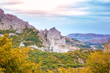 high in the mountains in Crimea on an autumn day at sunrise