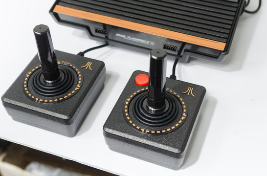 london, england, 05/05/2018 A Retro vintage atari flashback 3 arcade console re issue. A modern plug and play console with a retro 1980s style. classic vintage arcade play.