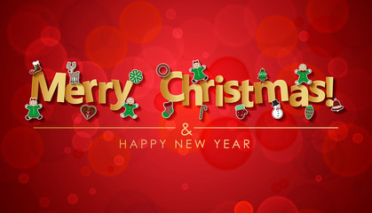 Merry Christmas and Happy New Year text greeting card with Christmas ornaments. Xmas gift card Vector background