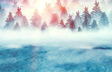 Winter background. Snow-covered winter forest, snowdrifts, fog