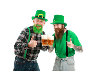 Bearded men with glasses of beer showing thumb-up gesture on white background. St. Patrick's Day celebration