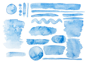 Set di pennellate dipinto acquerello blu. Sfondo bianco - obrazy, fototapety, plakaty