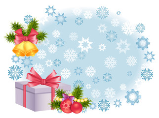 Fototapeta na wymiar Christmas gift box, decorations, bells and snow flakes on blue background. Happy New Year card, frame, banner. Vector.