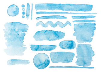 Set di pennellate dipinto acquerello azzurro  - obrazy, fototapety, plakaty