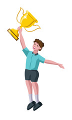 happy school boy, kid holding trophy and jumping