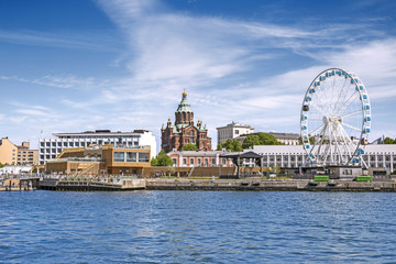 Fototapeta na wymiar Panorama of Helsinki harbor from the sea