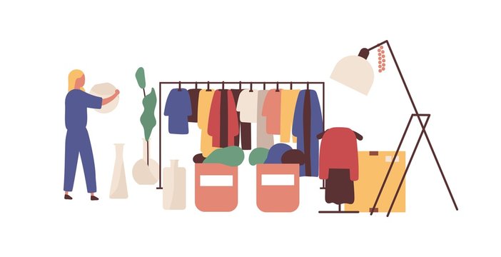 Flea market, clothing bazaar flat vector illustration. Female customer faceless character. Rag fair merchandise selection. Cheap goods, bargain, dress crossing. Swap meet, fashion designers market.