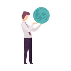 Man Spinning Around Globe in Planetarium Vector Illustration