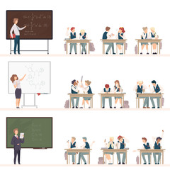 Naughty Pupils Sitting At School Desk Vector Illustration