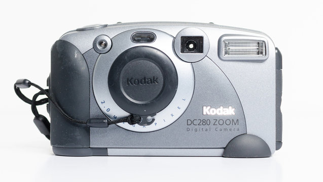 london, england, 05/05/2018 A Retro vintage digital kodak dc280 zoom camera isolated on a white background. vintage hipster style camera making a fashionable come back in youth culture.