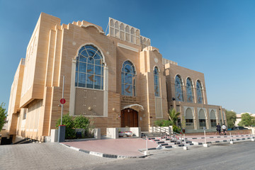 DUBAI, UAE - DECEMBER 6, 2016: Guru Nanak Darbar Gurdwara Sikh Temple, Dubai. View of facade on a...