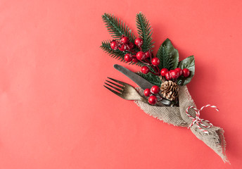 Christmas table place setting. Holidays background