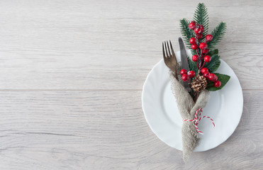 Christmas table place setting. Holidays background