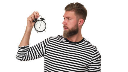 Man with beard in striped shirt and alarm o'clock.