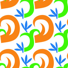 Vector colorful seamless pattern with stylized floral graphic elements of green, orange and blue colors on white background.