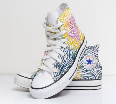 london, england, 05/05/2018 Converse All Star rare Butterfly Hi Top Chuck Taylor trainer shoes. Famous iconic classic converse hi top sneakers on a white background.