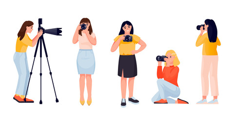 Woman travel photographer in different poses. Vector flat illustration. Female with digital camera, cartoon character