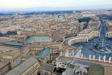 Classic Rome - aerial view to old roof buildings and street, View of St. Peter's Square in Vatican...