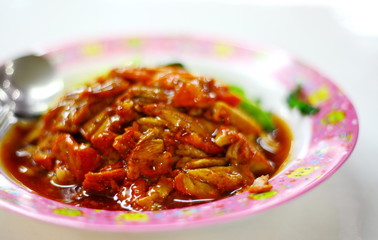 Red pork rice with soup
