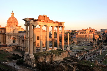 The Ruins of Roman's forum at sunrise, ancient government buildings , temple and shrine of old Roman empire