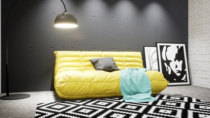 Modern design living room interior in Scandinavian style . 3D rendering