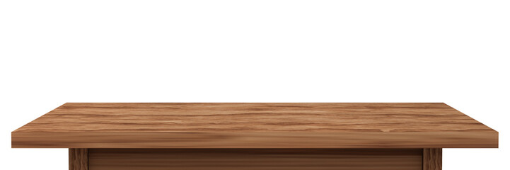 Empty brown wooden table top isolated on white background with clipping path, of free space for your copy and branding. Use as products display montage. Vintage style concept present, 3d illustration