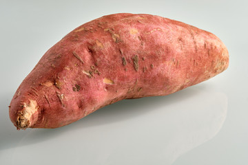 Closeup of one sweet potatoe lying isolated on a white glass background