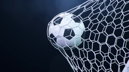 Soccer Ball Flew Into The Goal Soccer Ball Bends The Net Against The Background Of Flashes Of Light Soccer Ball In Goal Net On Blue Background A Moment Of Delight 3d Illustration