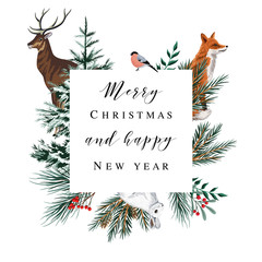 Christmas trees, red fox, white rabbit, bullfinch, deer animal, fir branch greeting card. Winter forest illustration.