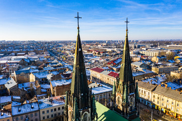 Fototapeta premium Aerial veiw on Elizabeth church in Lviv, Ukraine from drone. Closeup
