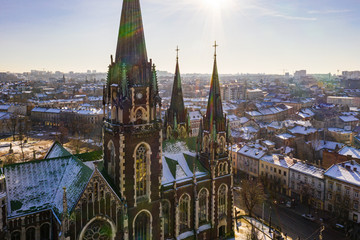 Aerial veiw on Elizabeth church in Lviv, Ukraine from drone. Closeup